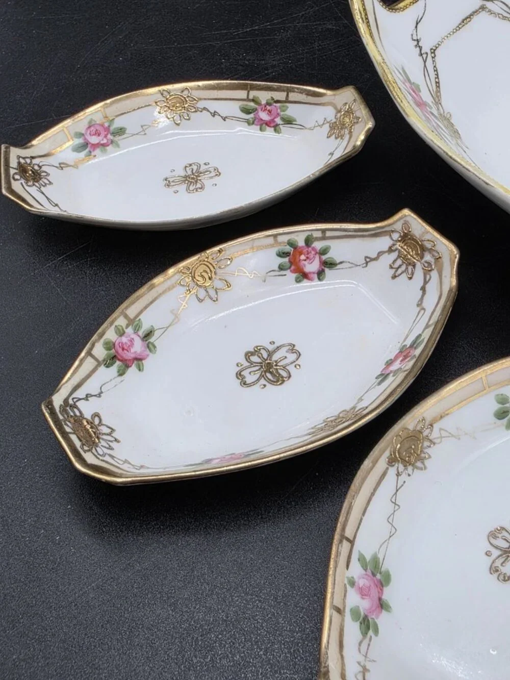 Antique Nippon Handpainted Celery Dish & 5 Matching Salts From Japan Victorian